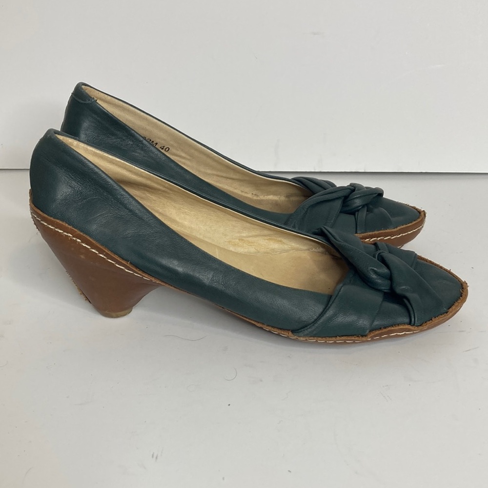 Fly London Shoes Womens 40 US 9 9.5 Green Leather Kitten Heel Criss Cross Pin Up